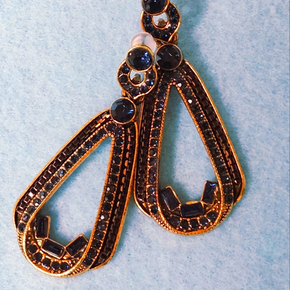 Antique Gold Bronze Tone Art Deco VTG Gatsby Flapper Style Navy Blue Crystal Ear